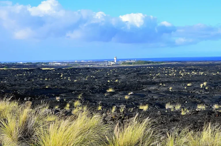 Airport in the distance with lave field in the foreground.