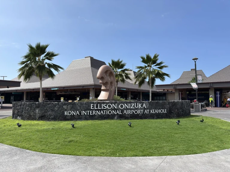 Front entrance sign for Ellison Onizuka Kona International Airport at Keahole.